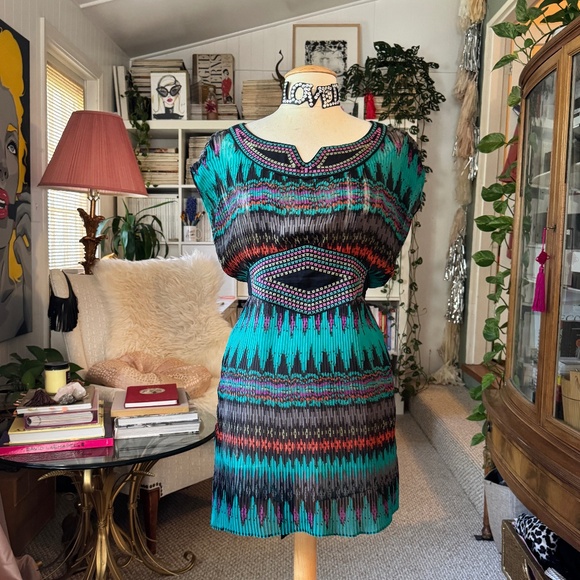 Cute BOHEMIAN open ikat prink belted sheer BOHO dress coverup cinch waist Medium - Picture 1 of 10